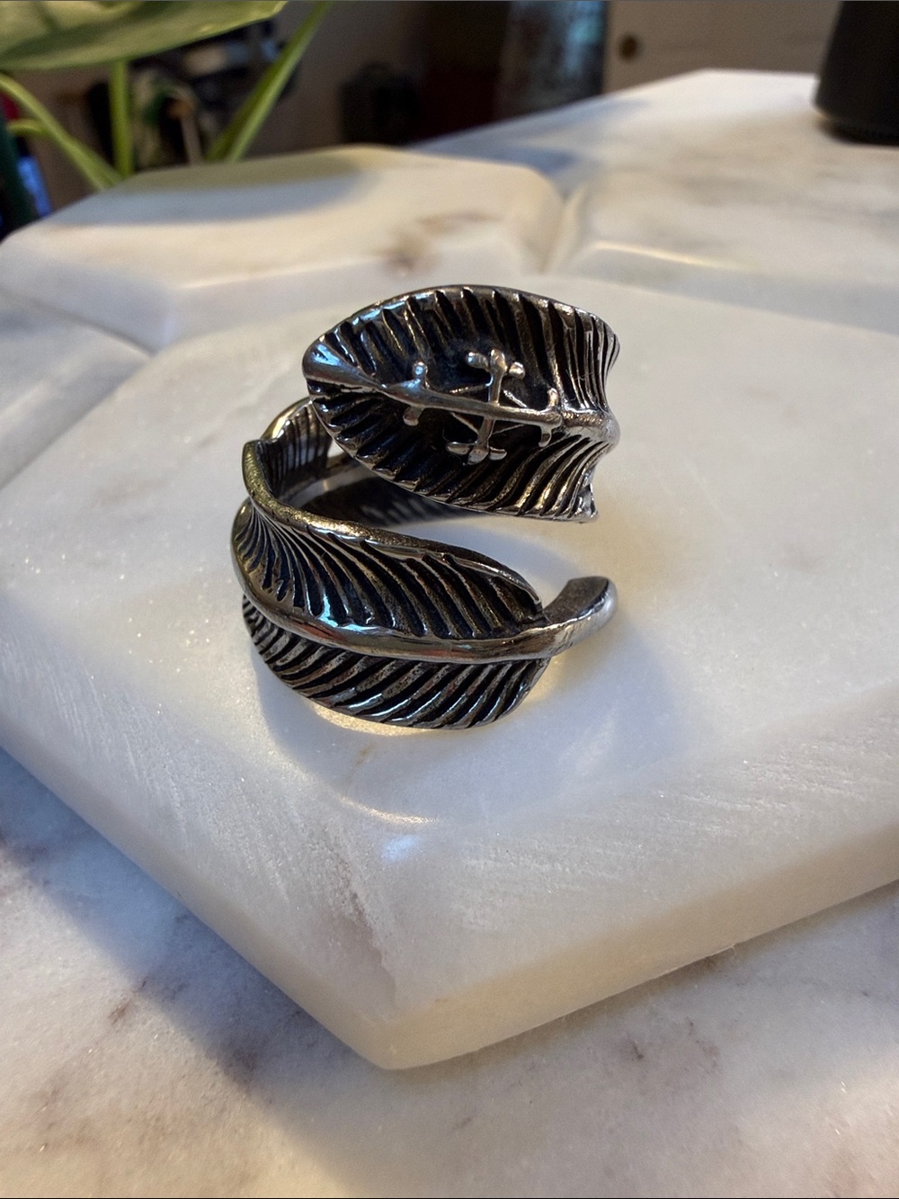 Sterling-Look Leaf Wrap Ring in Antiqued Silver